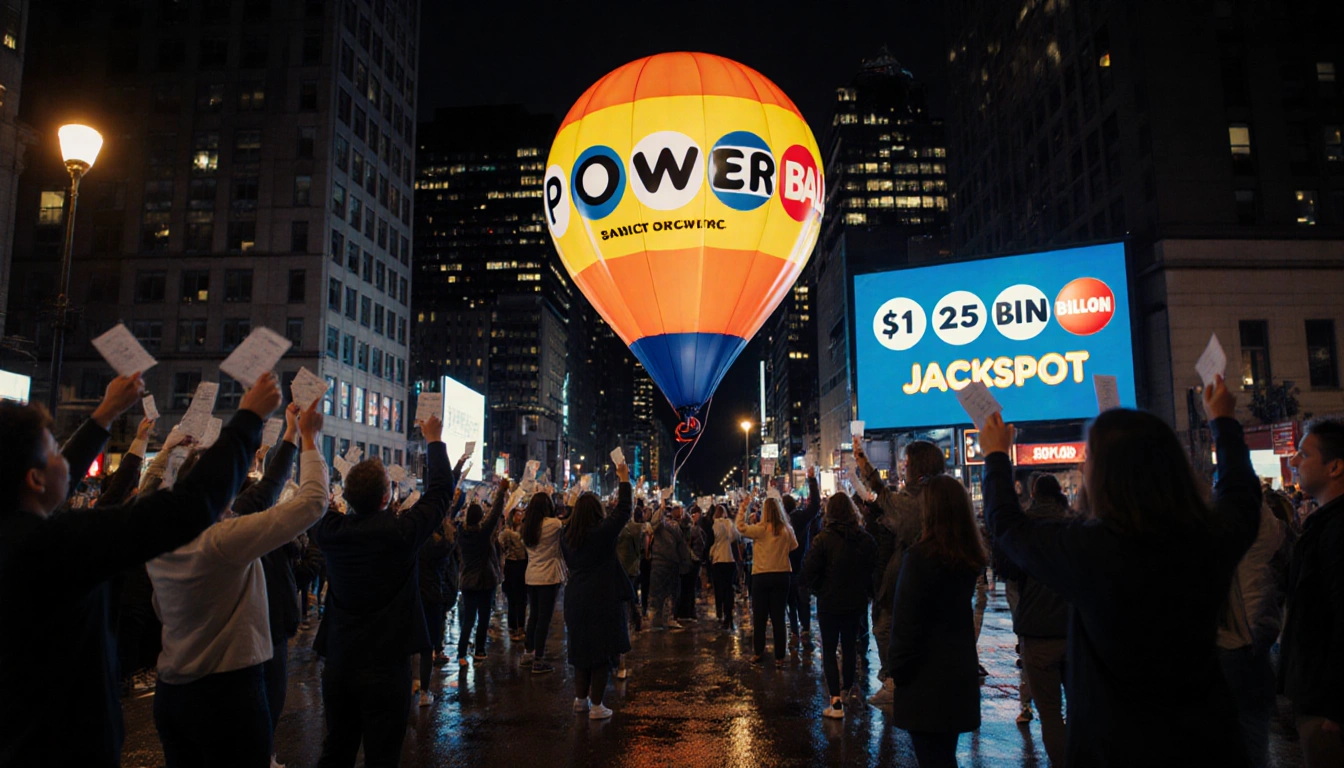 Balloon floating above crowded street with neon lights on wet pavement and giant TV showing $1.25 B Powerball jackpot