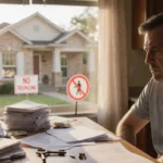 Homeowner sits at kitchen table with bills and a key while a blurred house with a No Trespassing sign is seen through window.