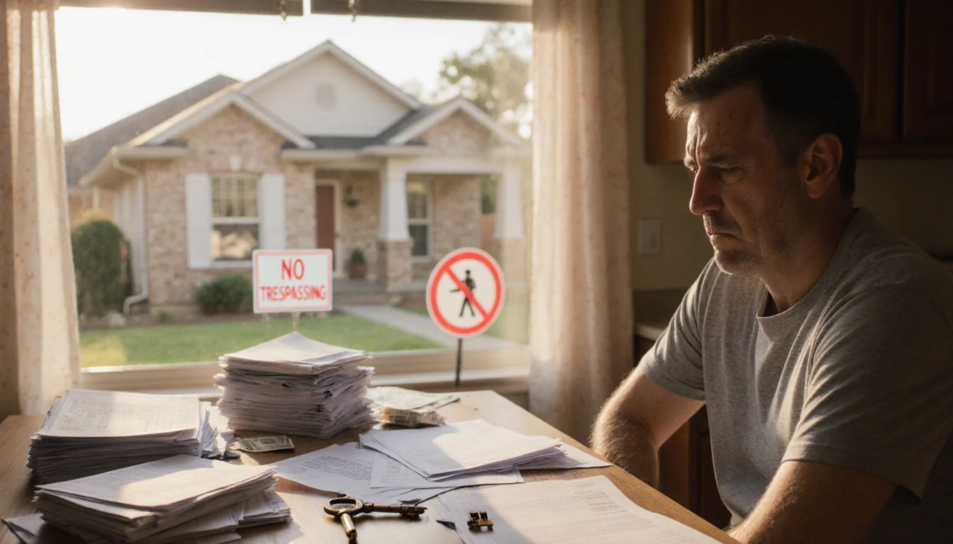 Homeowner sits at kitchen table with bills and a key while a blurred house with a No Trespassing sign is seen through window.