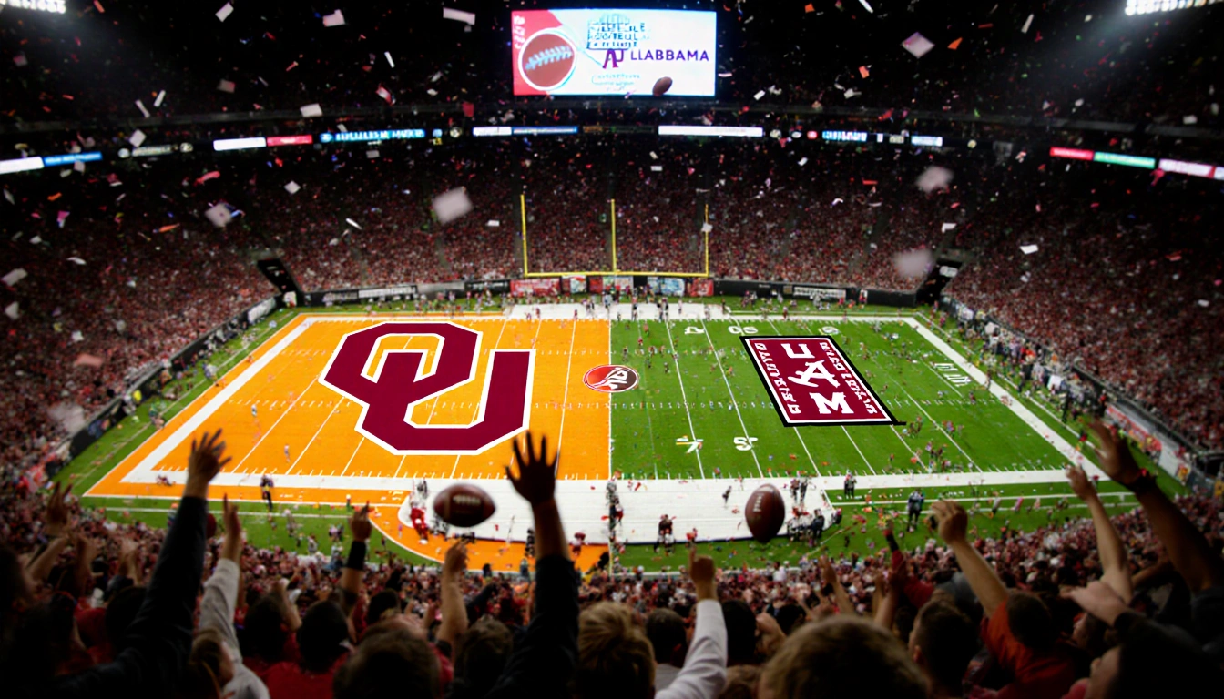 Fans cheer in stadium with split-screen fields showing Oklahoma orange and Alabama crimson football with blurred scoreboard.