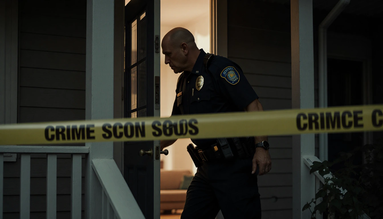 Police officer forces open door with crime scene tape, badge, and faint living room glow