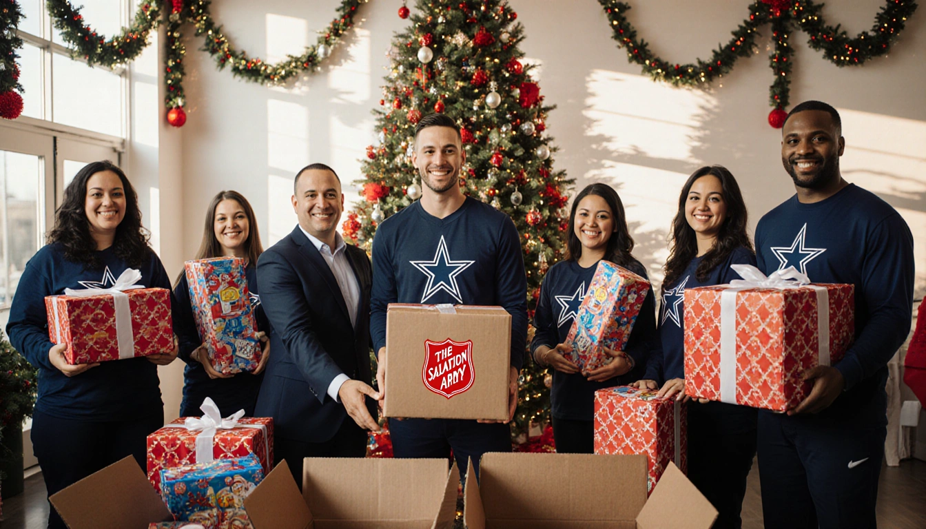 Volunteers from NBC 5 Telemundo and Cowboys handing gifts to families with a large Christmas tree and holiday decorations