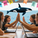 Students high‑fiving while reviewing a letter campaign on laptop with flags and orcas in background