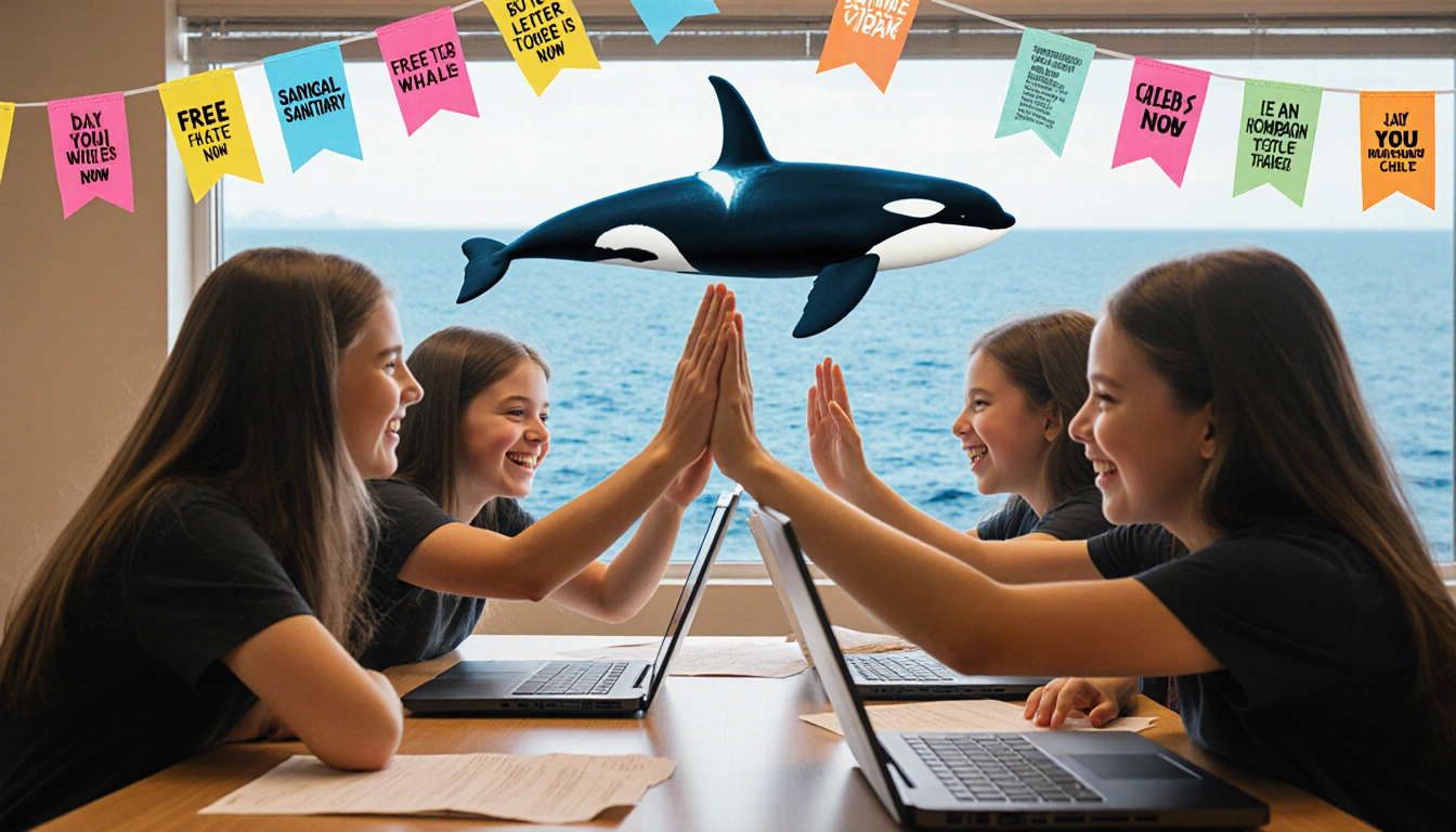 Students high‑fiving while reviewing a letter campaign on laptop with flags and orcas in background