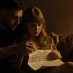 Taylor Swift cradling a letter with Travis Kelce beside her in a golden-lit cozy living room
