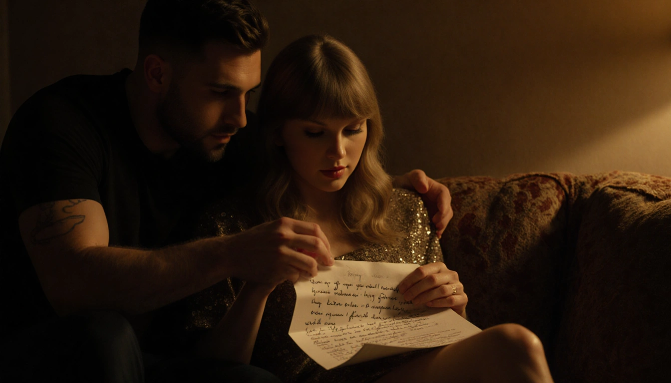 Taylor Swift cradling a letter with Travis Kelce beside her in a golden-lit cozy living room