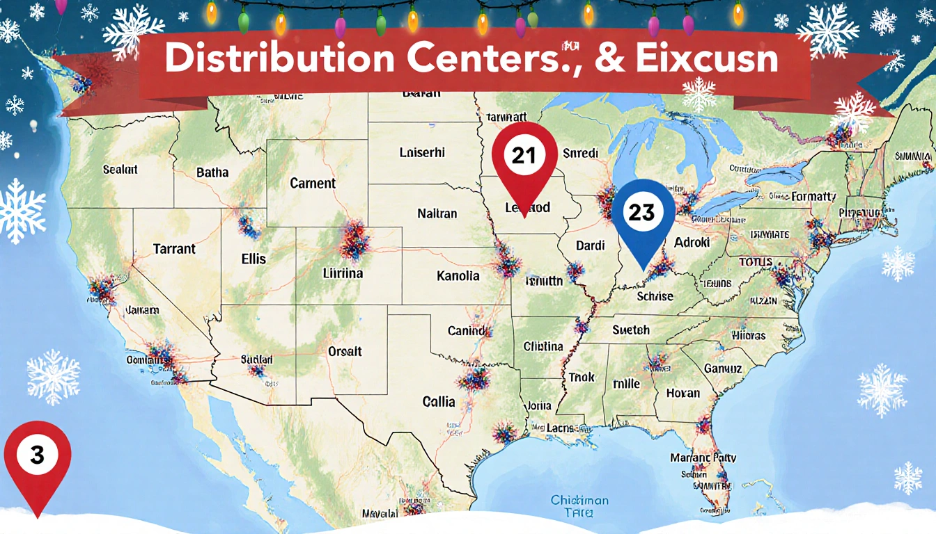 Map highlights four Texas distribution centers with colored pins and address signs against a snowy winter backdrop.