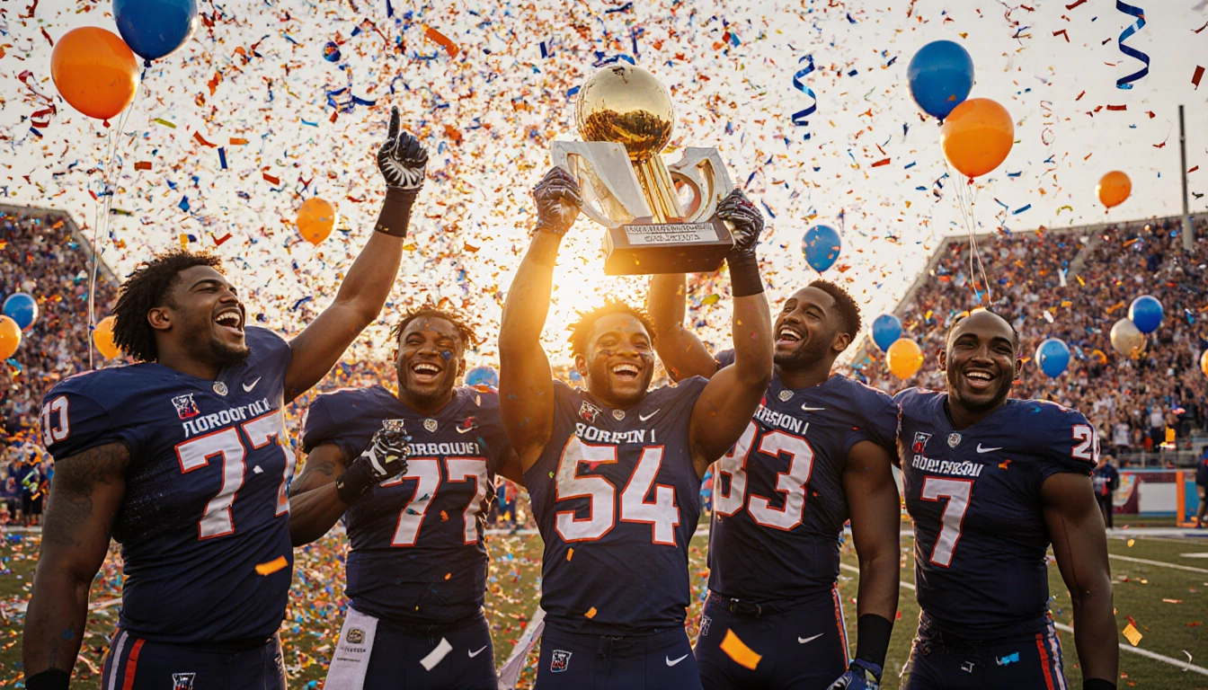 Gordon high school football team celebrates championship victory holding trophies with sunset glow and confetti in stadium.