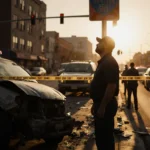 Tire shop owner looking up at a street sign with a damaged vehicle and scattered debris in the background