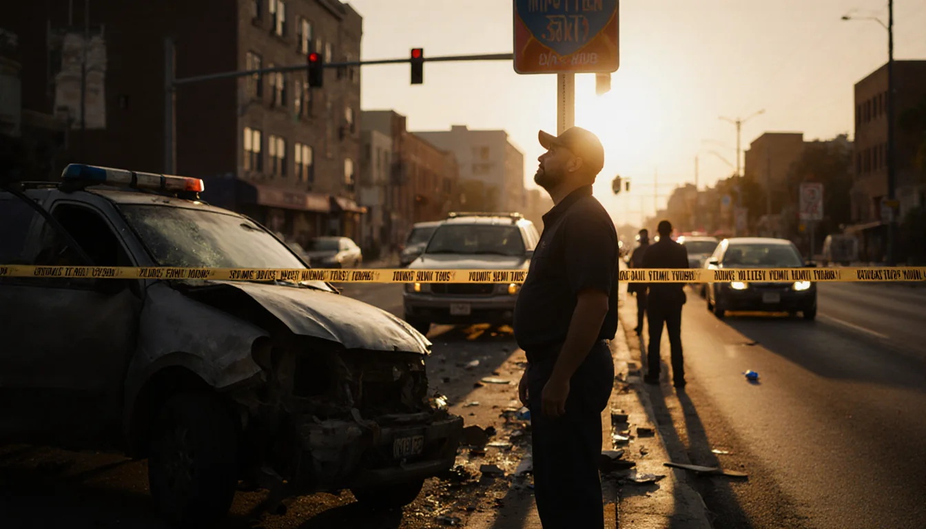Tire shop owner looking up at a street sign with a damaged vehicle and scattered debris in the background