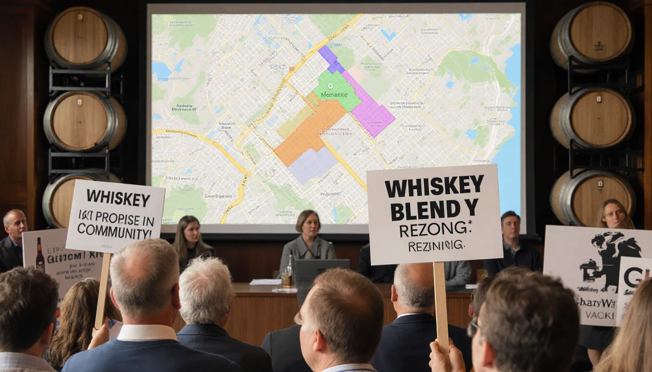 Residents holding protest signs with a city map screen behind and whiskey barrels in the background