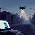 Police drone hovering above rooftops with faint glow over deserted sidewalk and plate readers showing surveillance screens