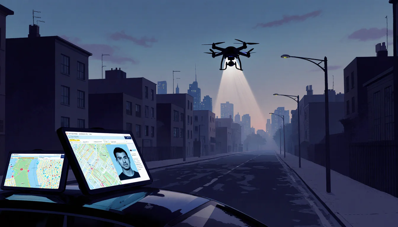 Police drone hovering above rooftops with faint glow over deserted sidewalk and plate readers showing surveillance screens