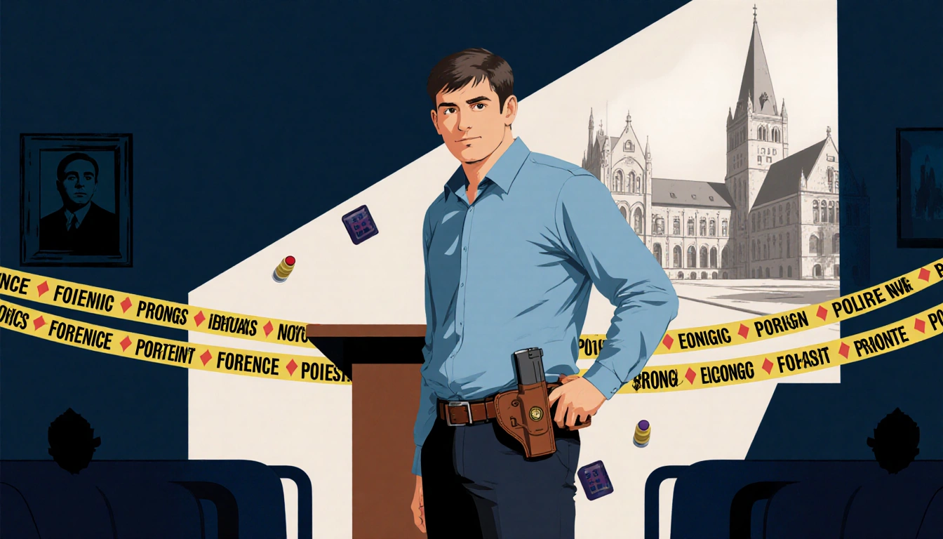 Valente standing before a lectern with a gun holster at his waist and police tape in a dimly lit lecture hall