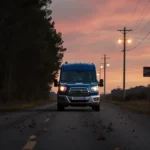 Blue Ford F‑150 van driving rural road at dusk with orange pink sky and distant streetlights