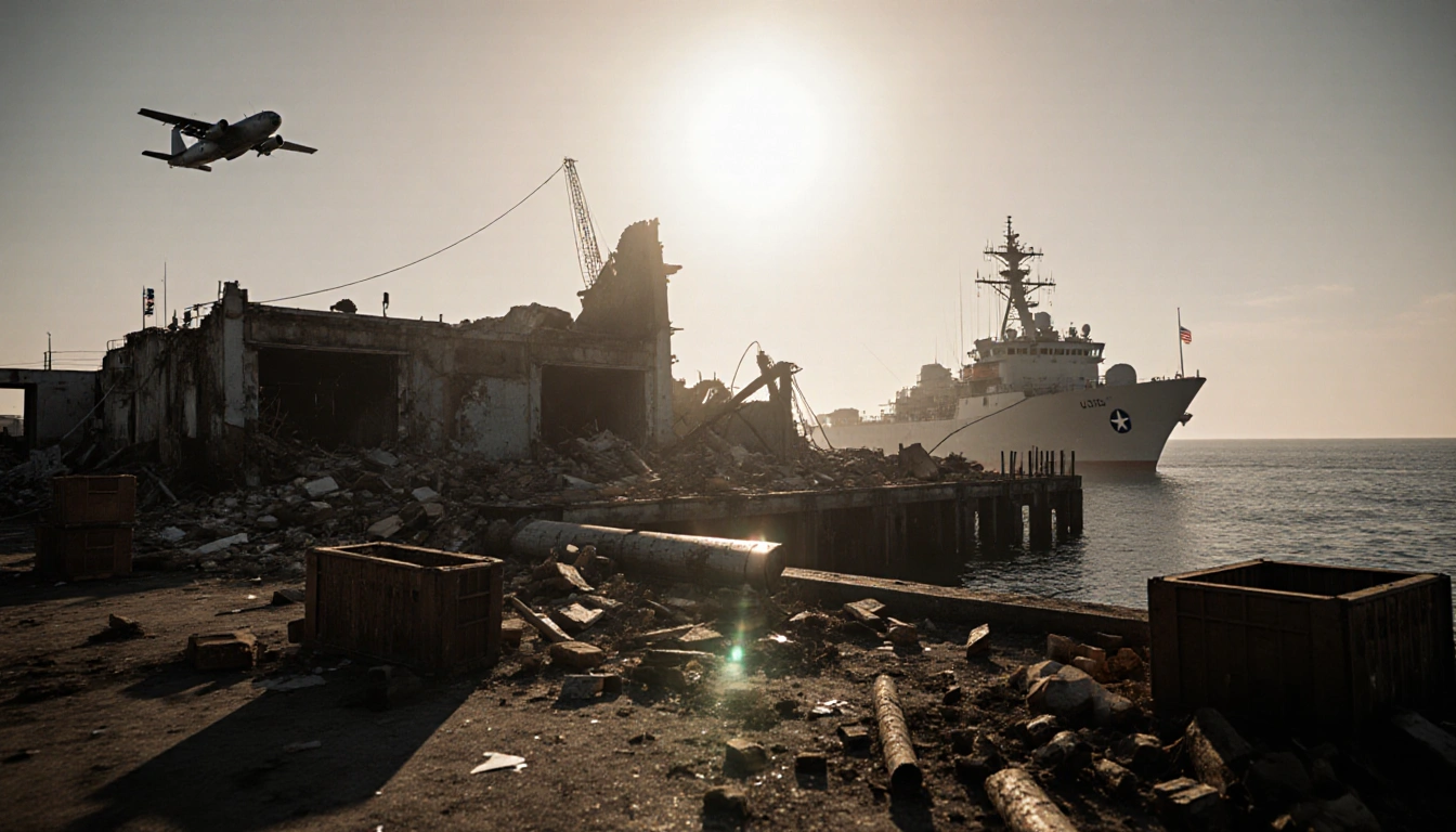 US naval vessel looming over damaged dock with sun-kissed shore and scattered debris