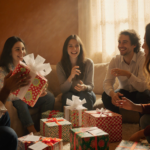 Friends gather around a table with colorful wrapped gifts and a gag present for a gift exchange under warm golden light.