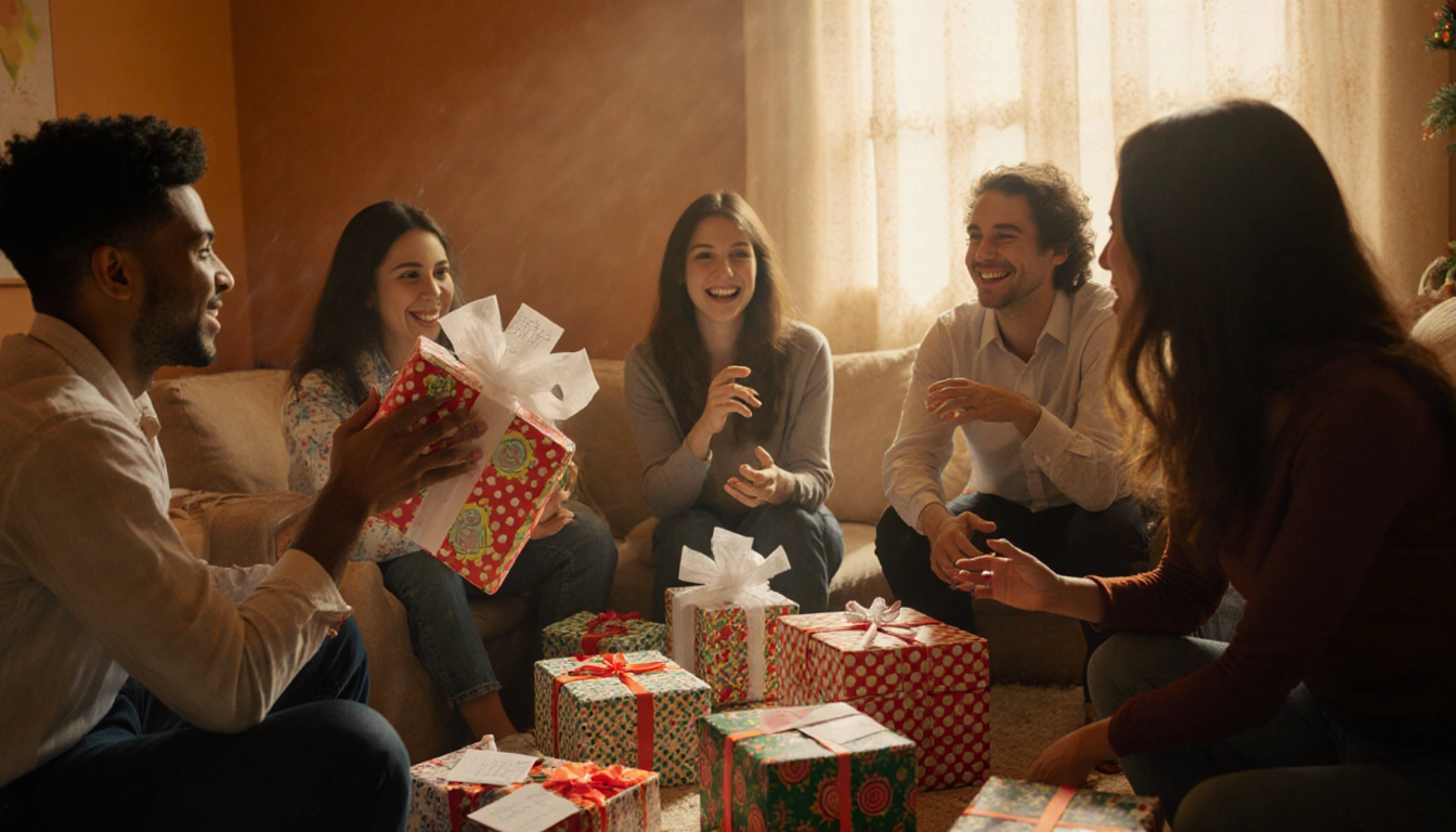Friends gather around a table with colorful wrapped gifts and a gag present for a gift exchange under warm golden light.