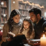 Girl reading with parents in cozy winter wonderland nook surrounded by books and candles with snow falling outside at library