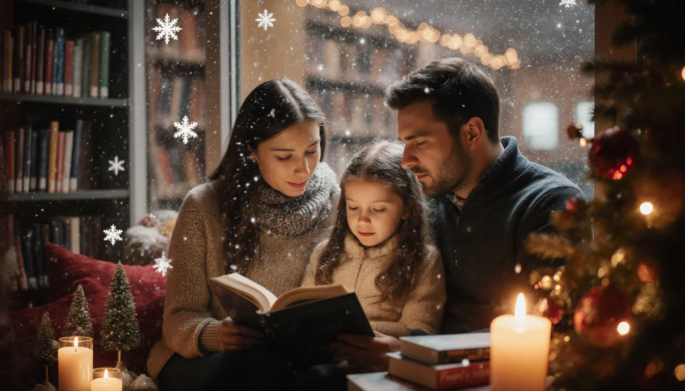 Girl reading with parents in cozy winter wonderland nook surrounded by books and candles with snow falling outside at library