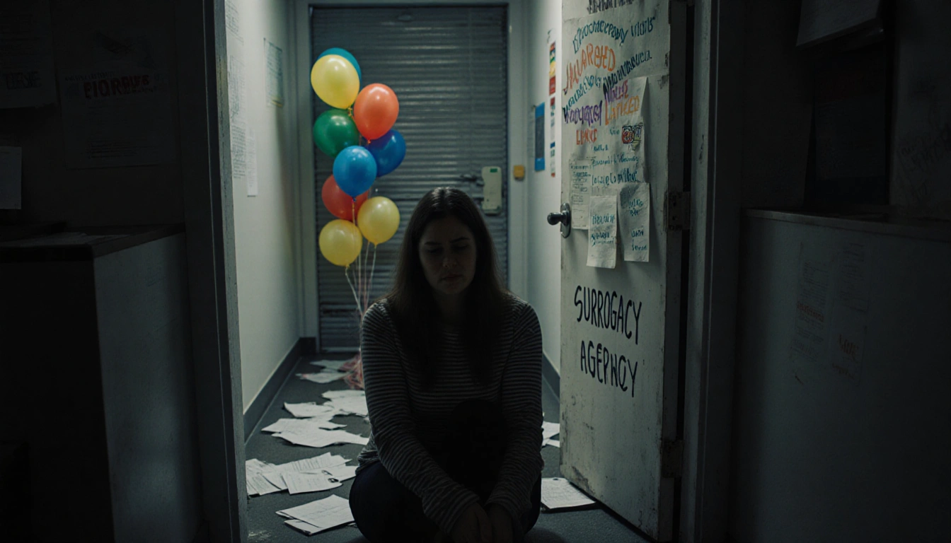 Woman sitting at surrogacy agency door with cold light illuminating her face and broken dreams littering hallway
