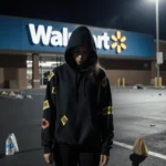 Woman standing with visible gunshot wounds on arms and torso in dim Walmart parking lot at dusk with streetlamp shadows.
