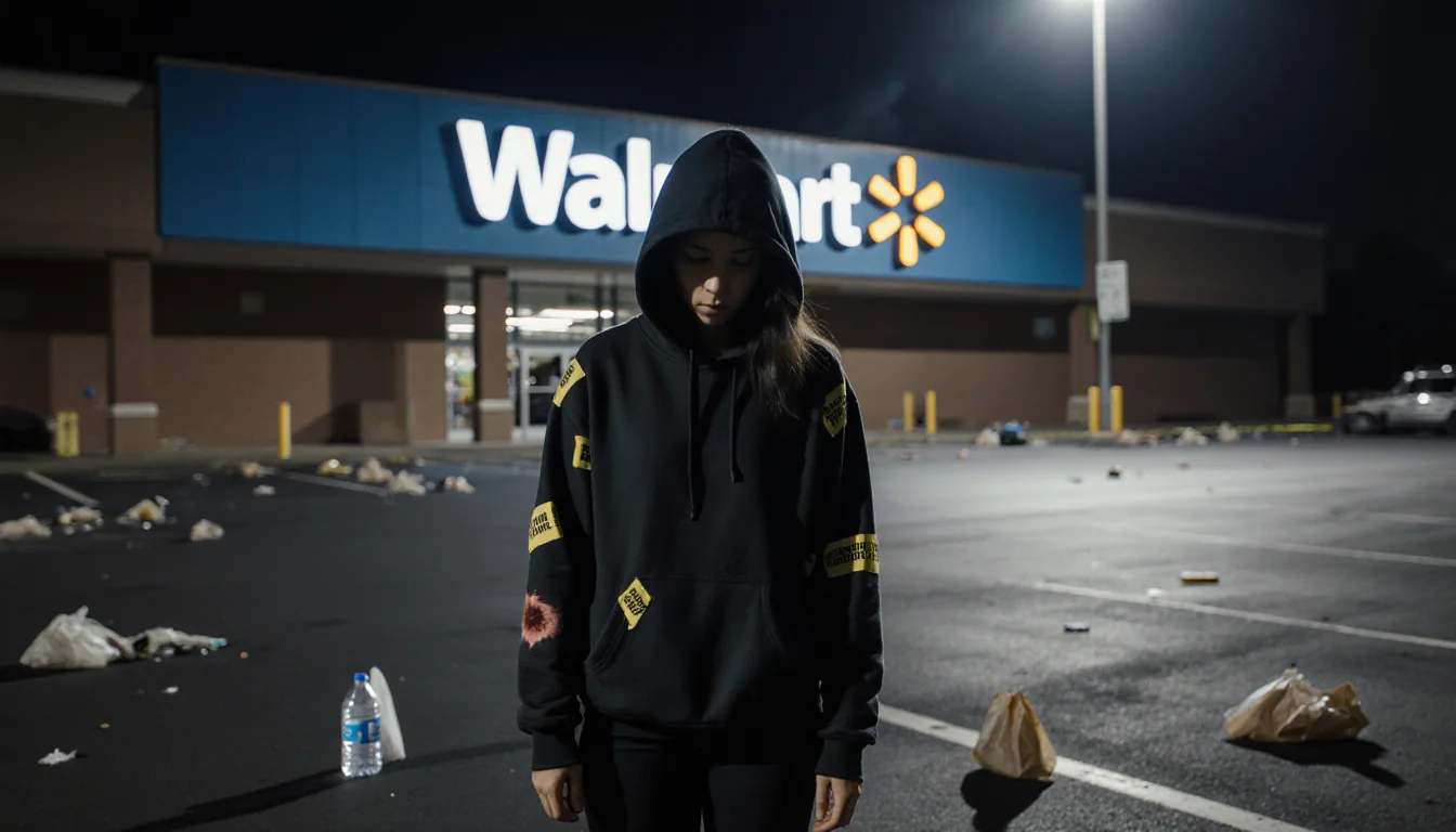 Woman standing with visible gunshot wounds on arms and torso in dim Walmart parking lot at dusk with streetlamp shadows.