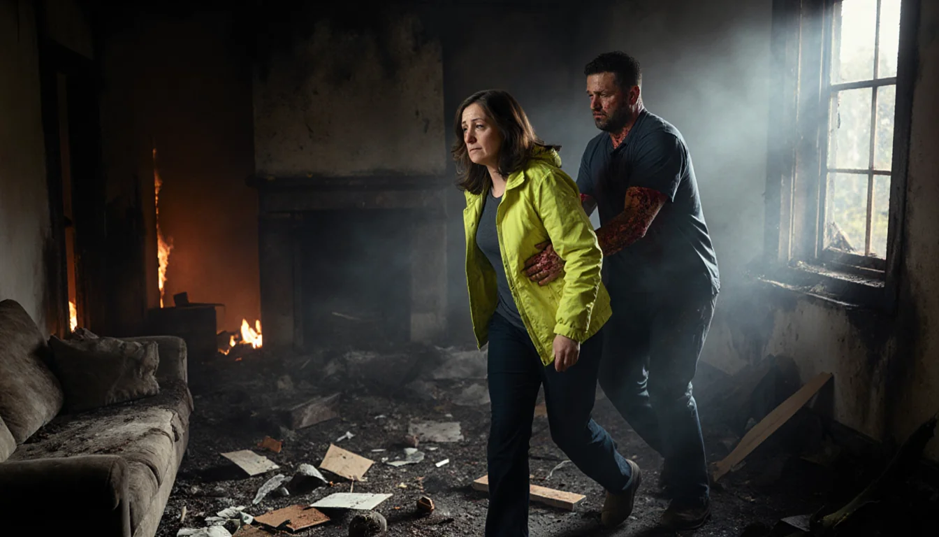 Emergency responders pulling a woman in a yellow jacket and a soot‑covered man onto a stretcher from a smoky living room.
