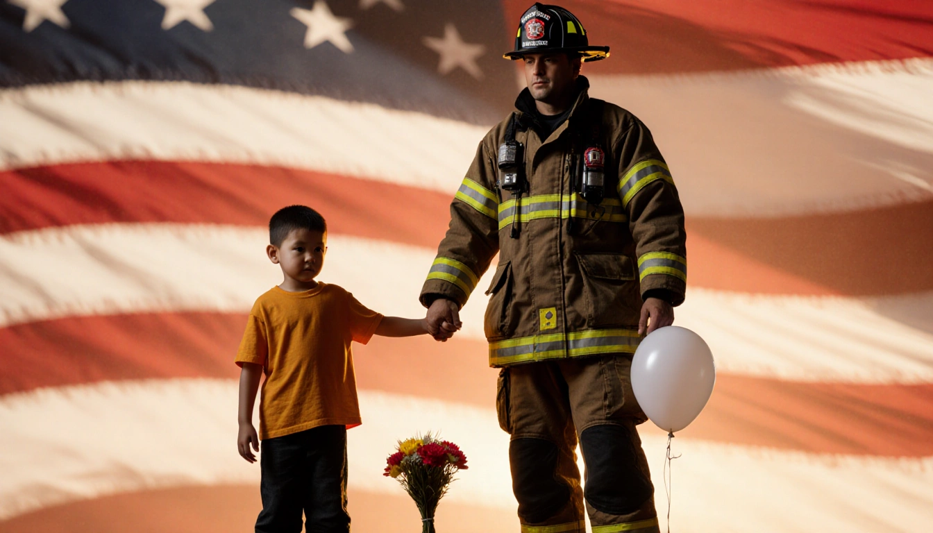 Firefighter holding a child with empathy and warmth near a subtle American flag and a white balloon at their feet
