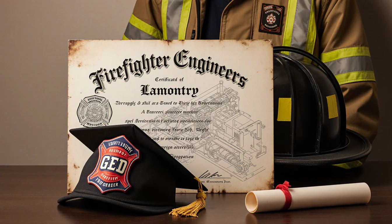 Certificate shining with warm light over faded GED diploma and fire engine diagram background with graduation cap on table