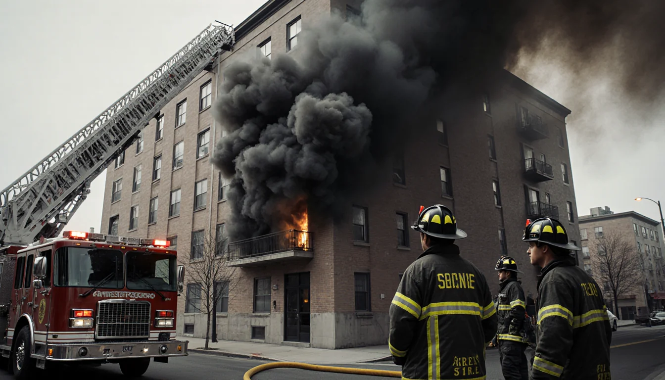 Firefighter standing outside apartment looking up at thick black smoke with fire truck and firefighters city street behind