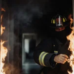 Firefighter gripping door handle with flames licking edges and smoke billowing in dim hallway