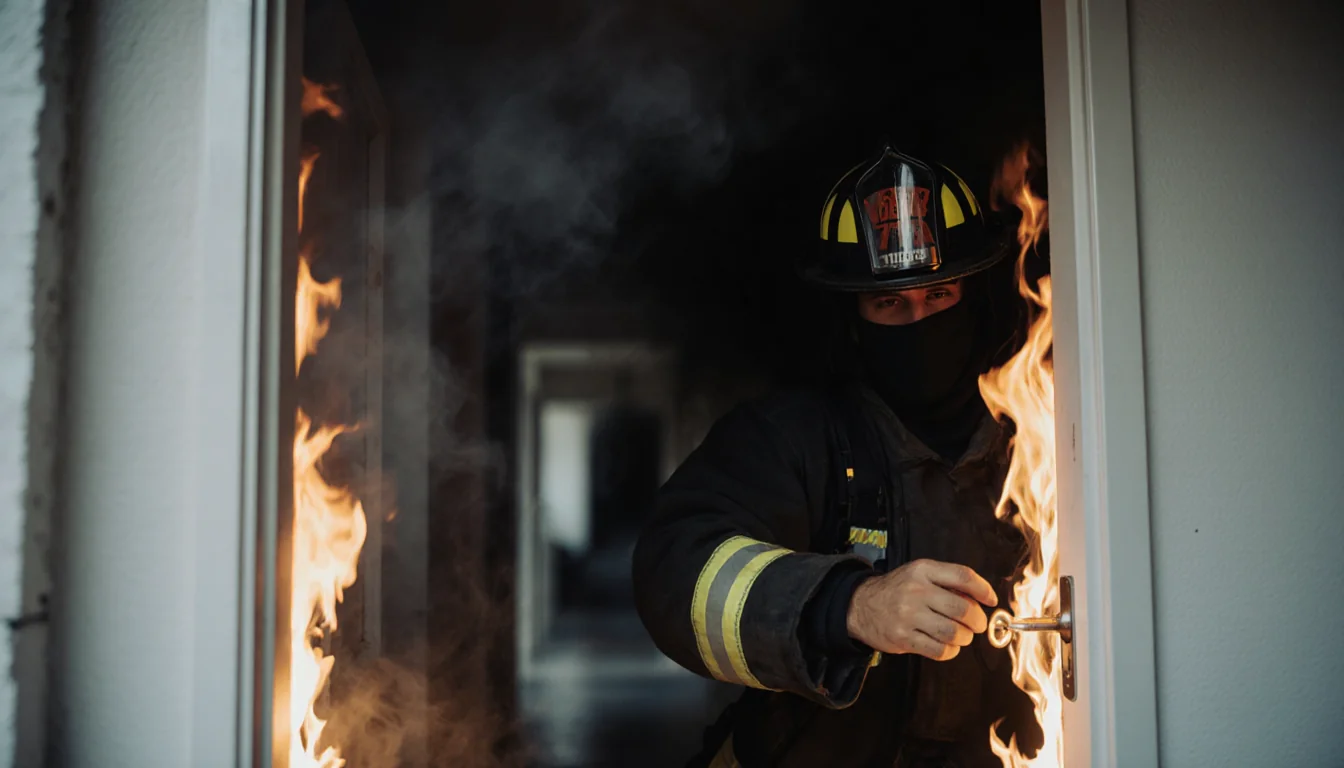 Firefighter gripping door handle with flames licking edges and smoke billowing in dim hallway