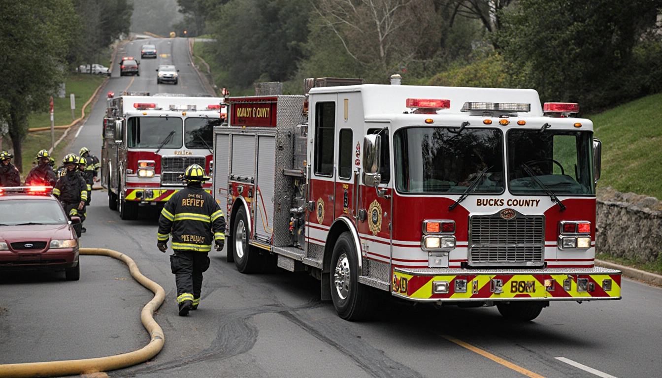 Firefighters arriving at emergency scene with Bucks units leading and Montgomery Philadelphia Burlington units teamwork