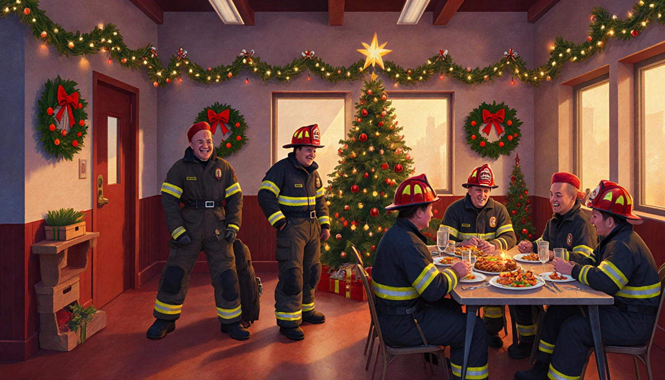 Firefighters laughing around a table with festive decorations and Christmas dinner spread