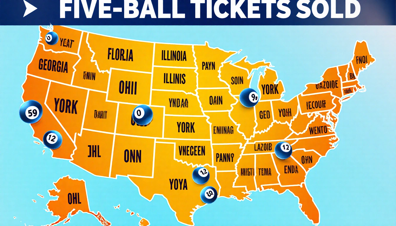 Poster announcing five-ball tickets sold with a colorful map of the U.S. highlighting eight states and scattered lottery ball