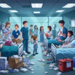 Emergency room staff tend to overflowing flu patients with beeping monitors and worried families in background