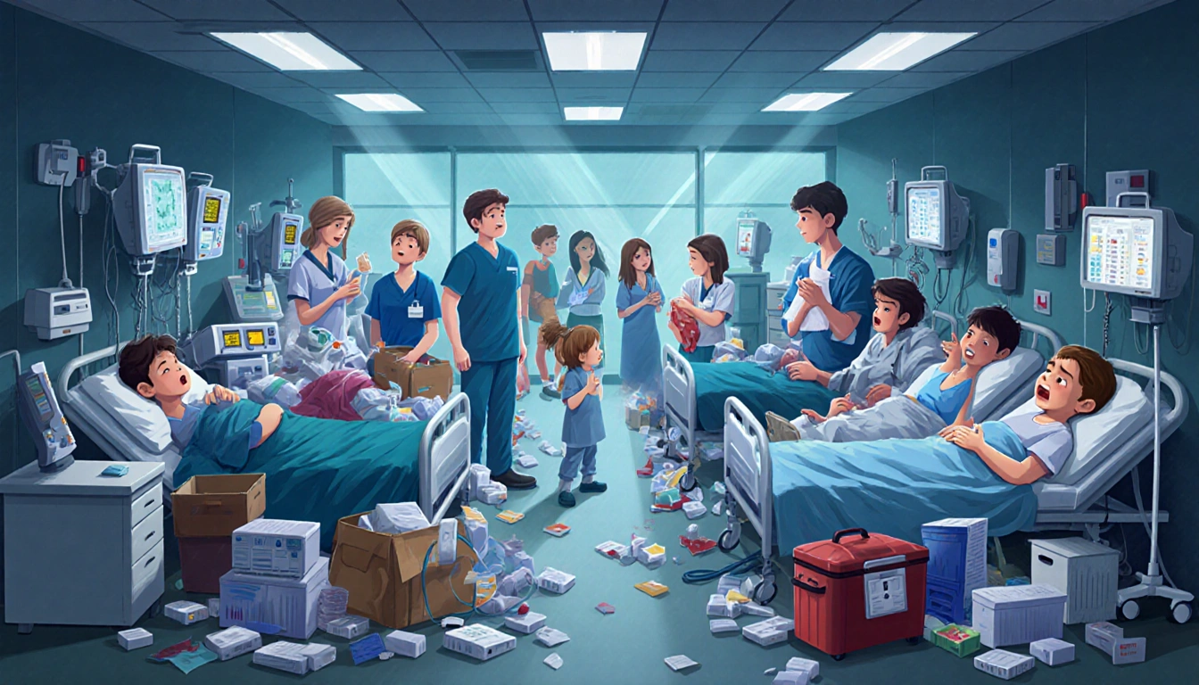 Emergency room staff tend to overflowing flu patients with beeping monitors and worried families in background