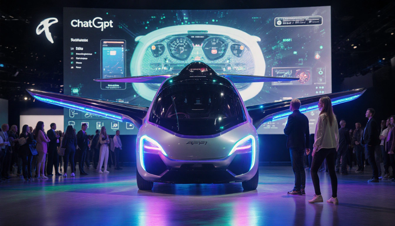 Flying car hovering over a bustling CES 2026 floor with vibrant LED lights and a large AI dashboard screen.