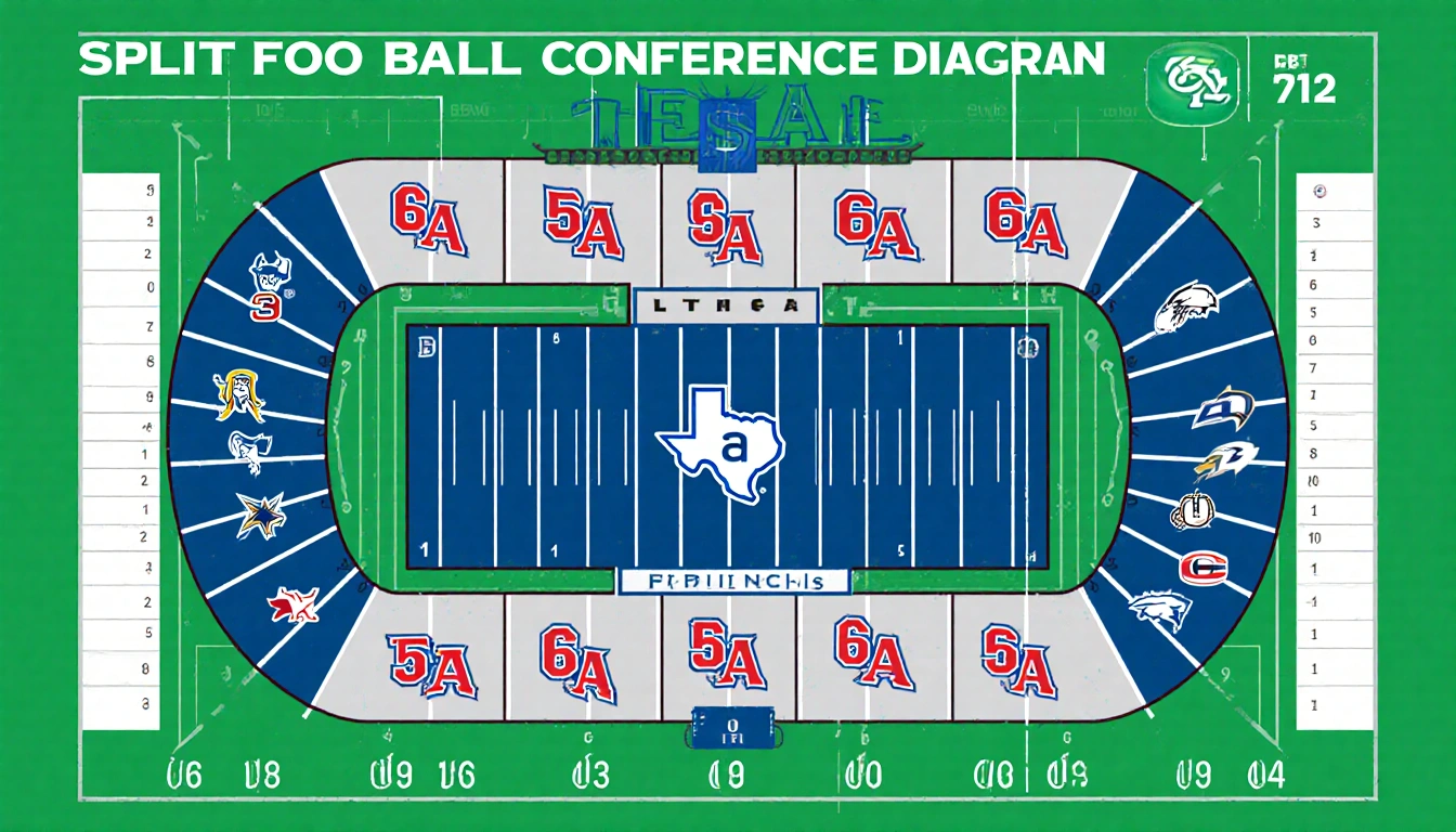 Football conference diagram arranging divisions 1A to 5A into upper-lower halves and 6A on top with lines UIL logos
