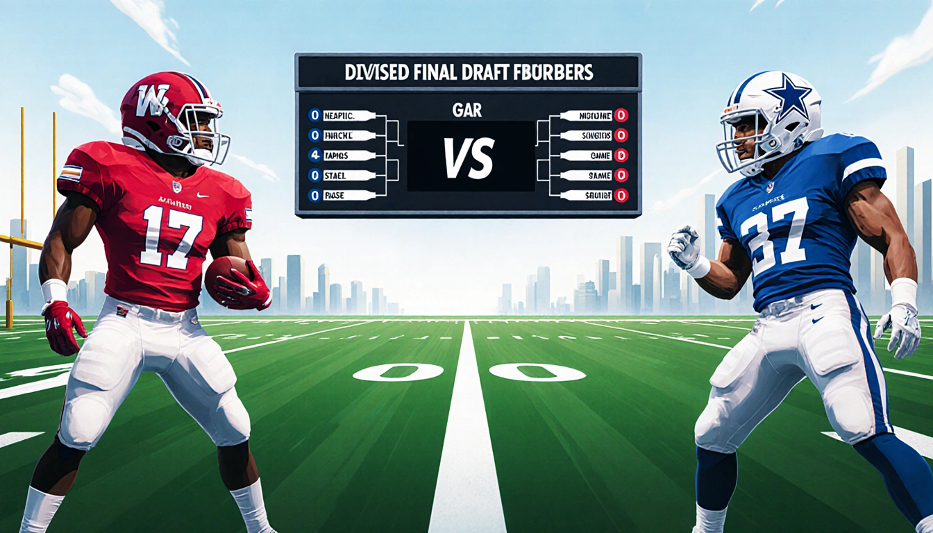 Commanders and Cowboys face off with a key between them and a scoreboard above lighting highlighting the rivalry