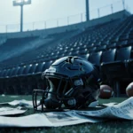 Shattered football helmet lies on ground with cracked face mask and empty stadium seats behind