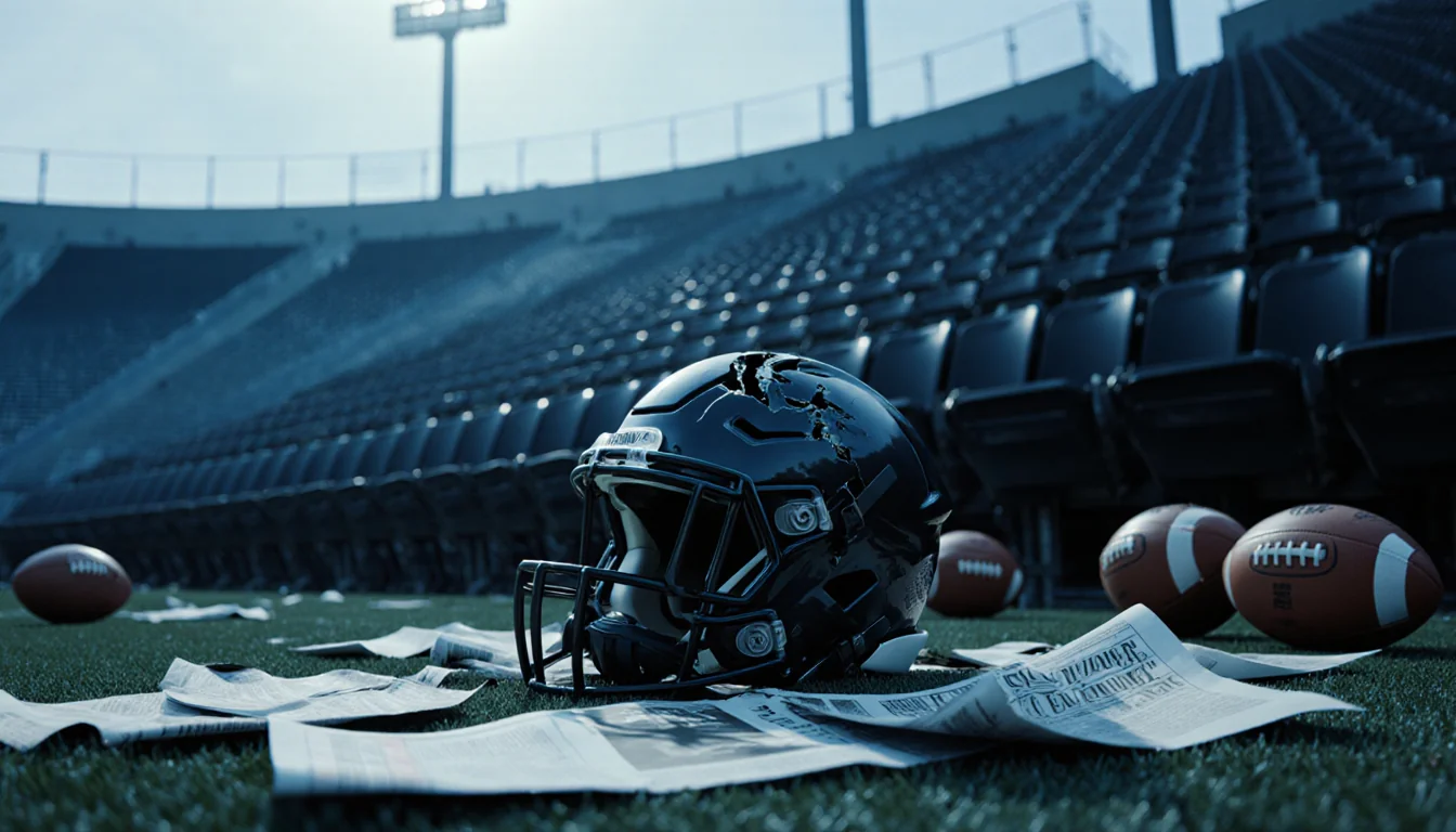 Shattered football helmet lies on ground with cracked face mask and empty stadium seats behind