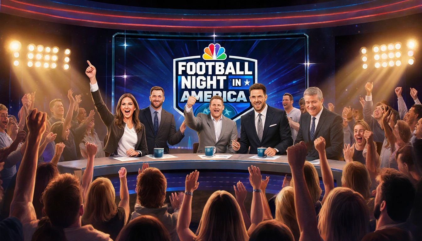 TV screen displaying NBC logo with cheering studio audience and NFL personalities seated at a table during pregame coverage