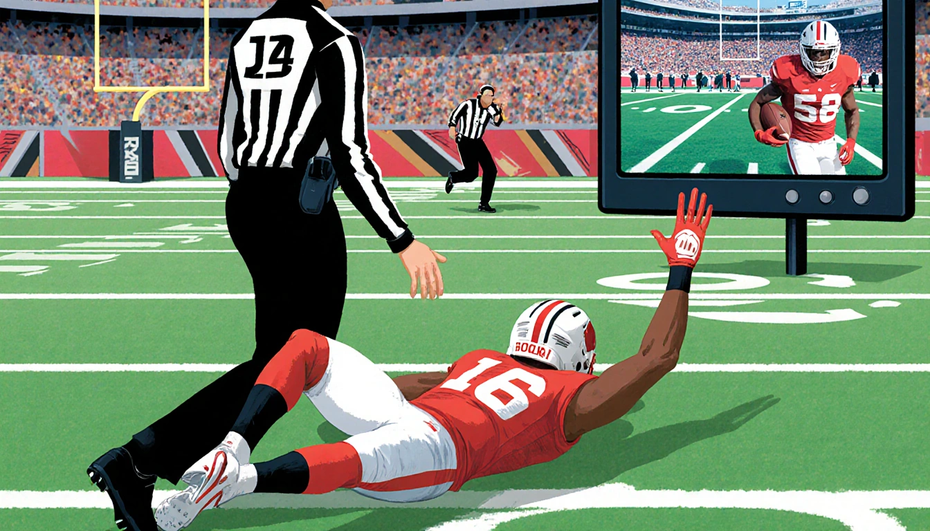 Quinshon Judkins lies on field with a referee signaling down while Terrel Bernard holds ball for touchdown and replay review.