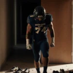 Football player stands with Oak Cliff jersey and helmet in dim hallway with wooden door ajar and cleats scattered on floor