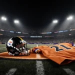 Football helmet lying on turf with orange jersey and stadium lights illuminating the Ravens logo