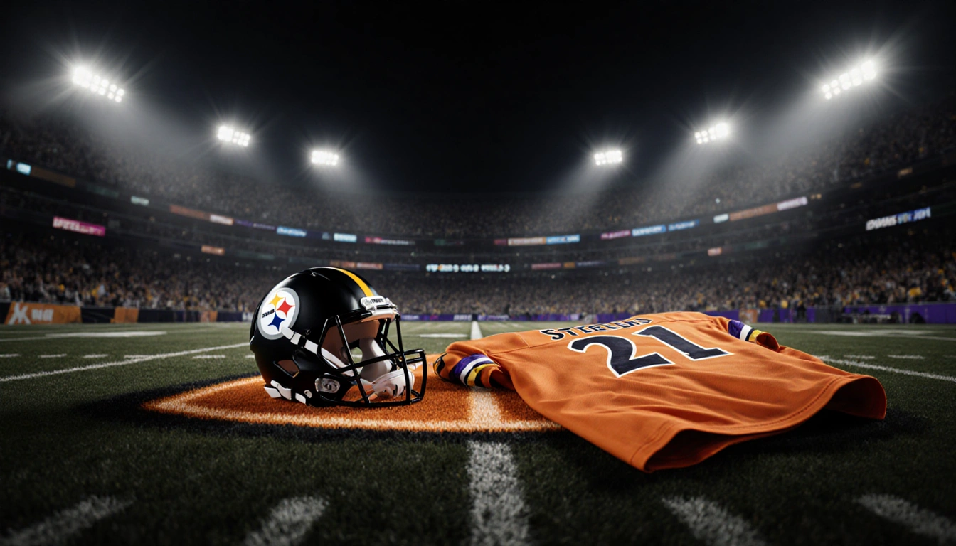 Football helmet lying on turf with orange jersey and stadium lights illuminating the Ravens logo