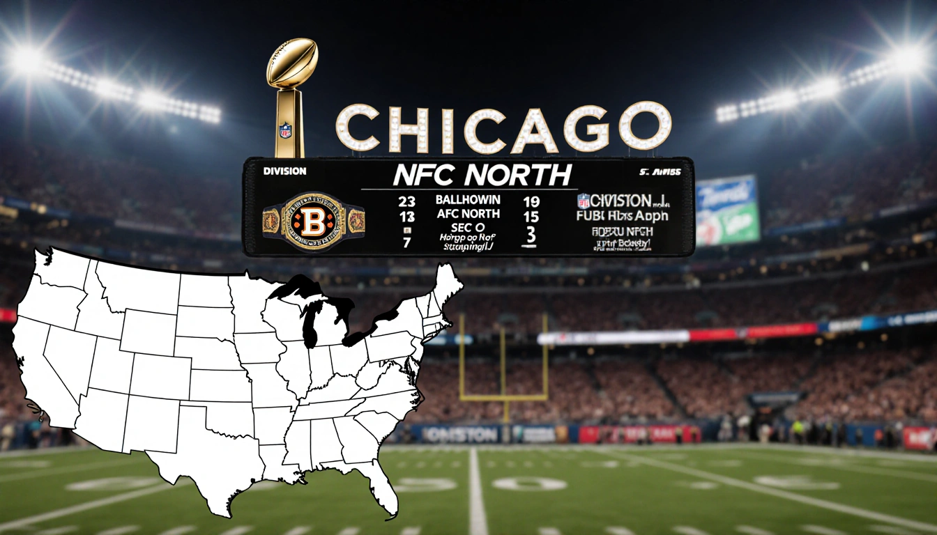 Stadium scoreboard showing NFC North standings with Chicago name and trophy nearby map marking Baltimore and Houston hopes