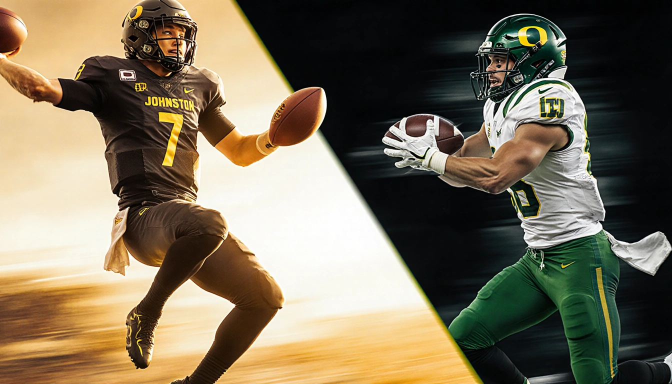 Justin Herbert throwing a touchdown pass with Quentin Johnston leaping to catch while Ladd McConkey celebrates midair